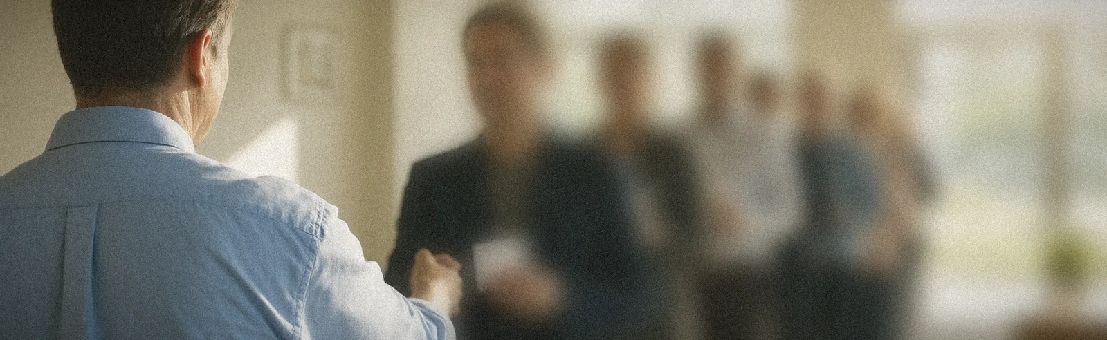 A business owner shaking hands with a line of people waiting to meet him after his talk