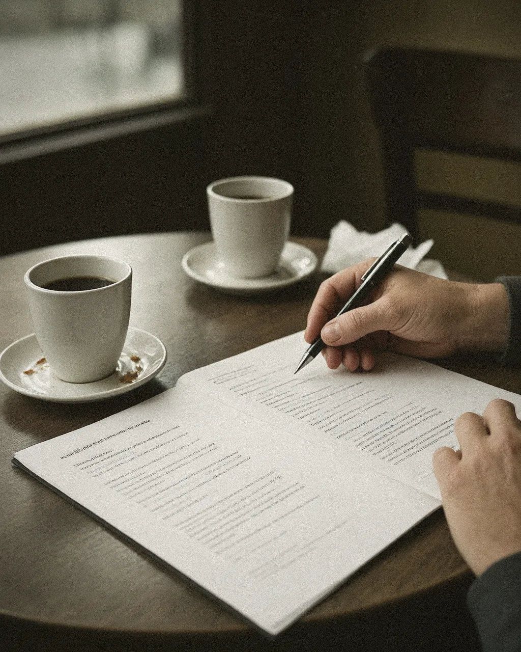Two coffee cups and a printed page on a cafe table