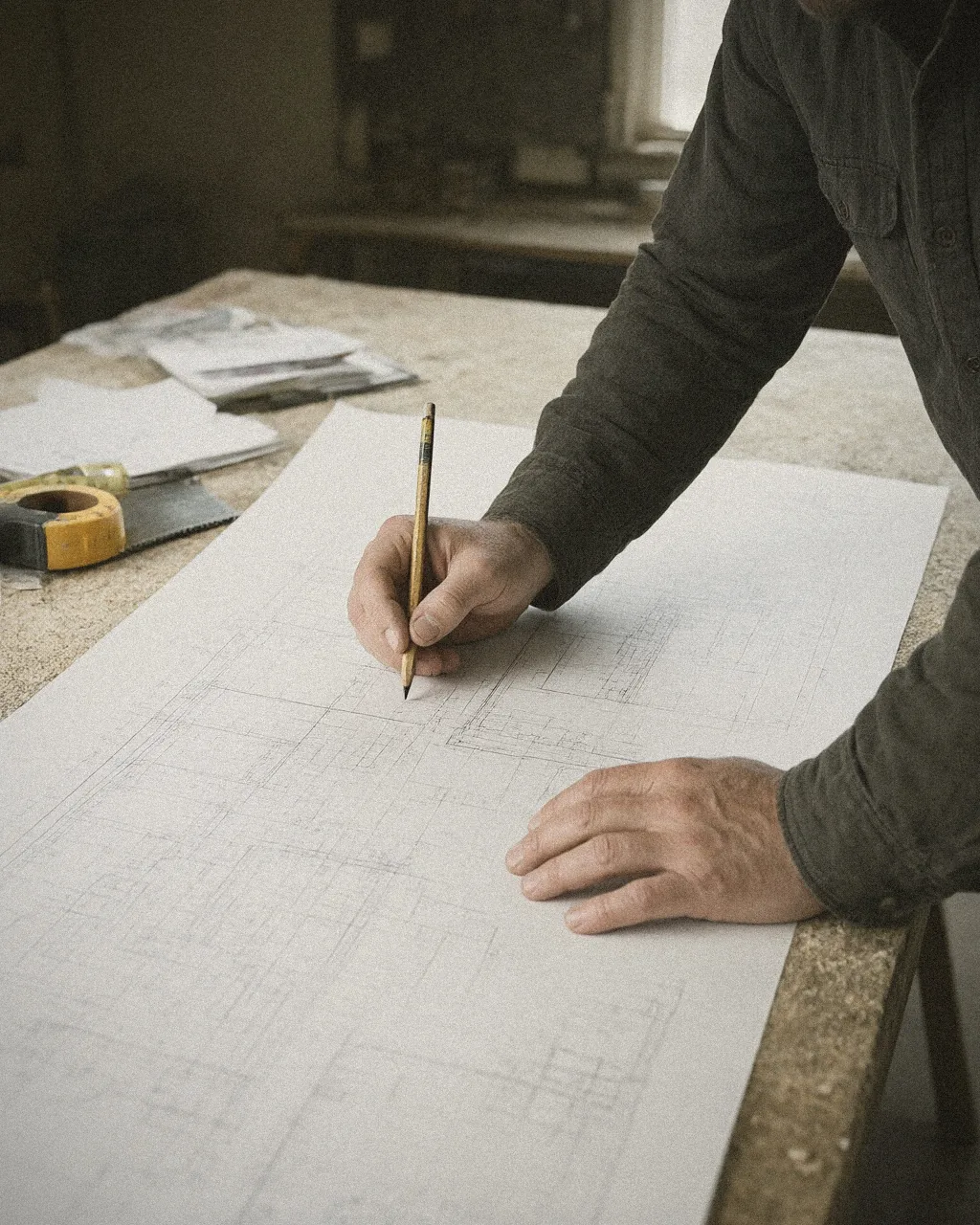 A business owner's hands sketching on plans in a bright workshop