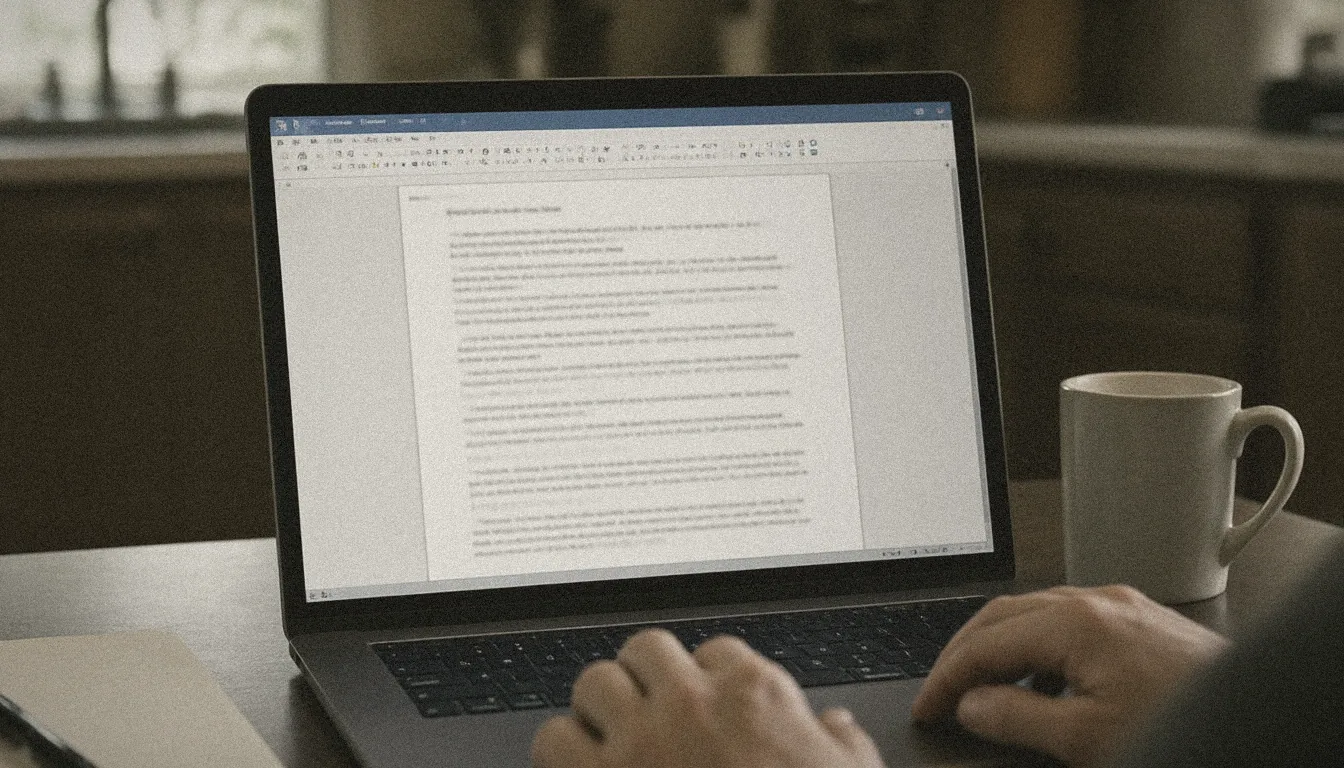 A book manuscript open on a laptop at a kitchen table