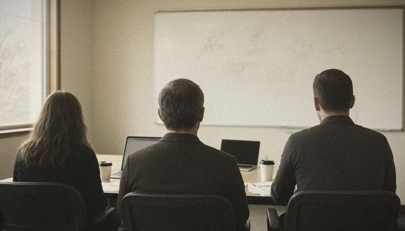 A small team meeting, seen from behind