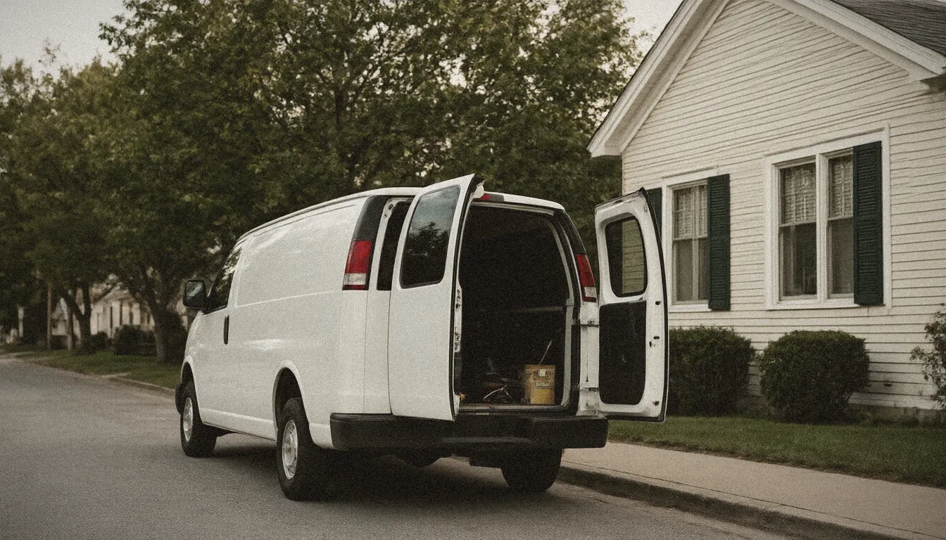 A work van with its doors open in a customer's driveway